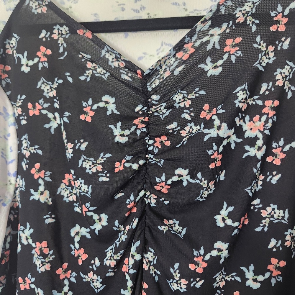 LOGO Layers by Lori Goldstein Womens XL Floral Mesh Ruched VNeck Long Sleeve Top - Picture 3 of 8
